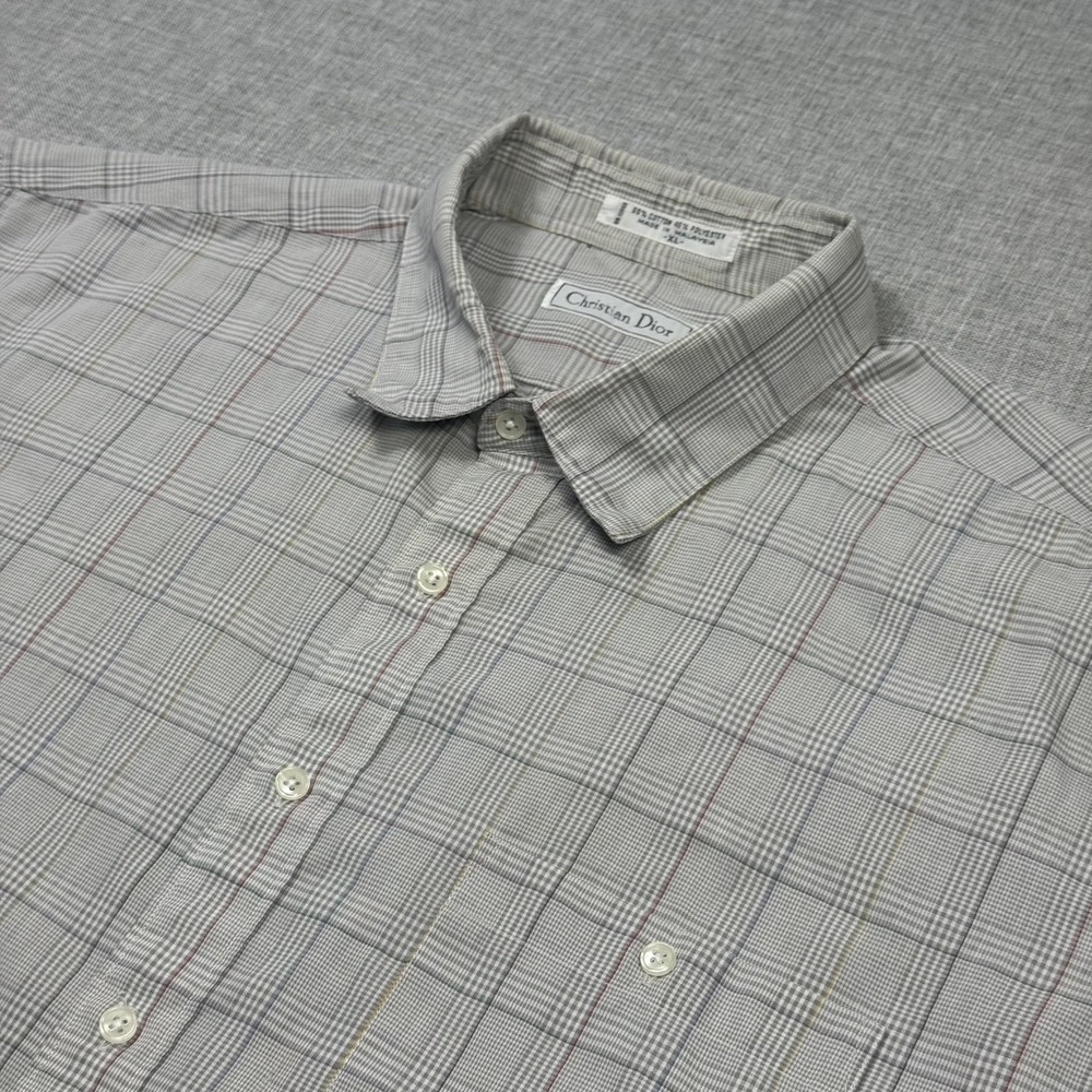 Christian Dior Vintage Dress Shirt Mens XL Gray‎ Plaid Point Collar Long Sleeve